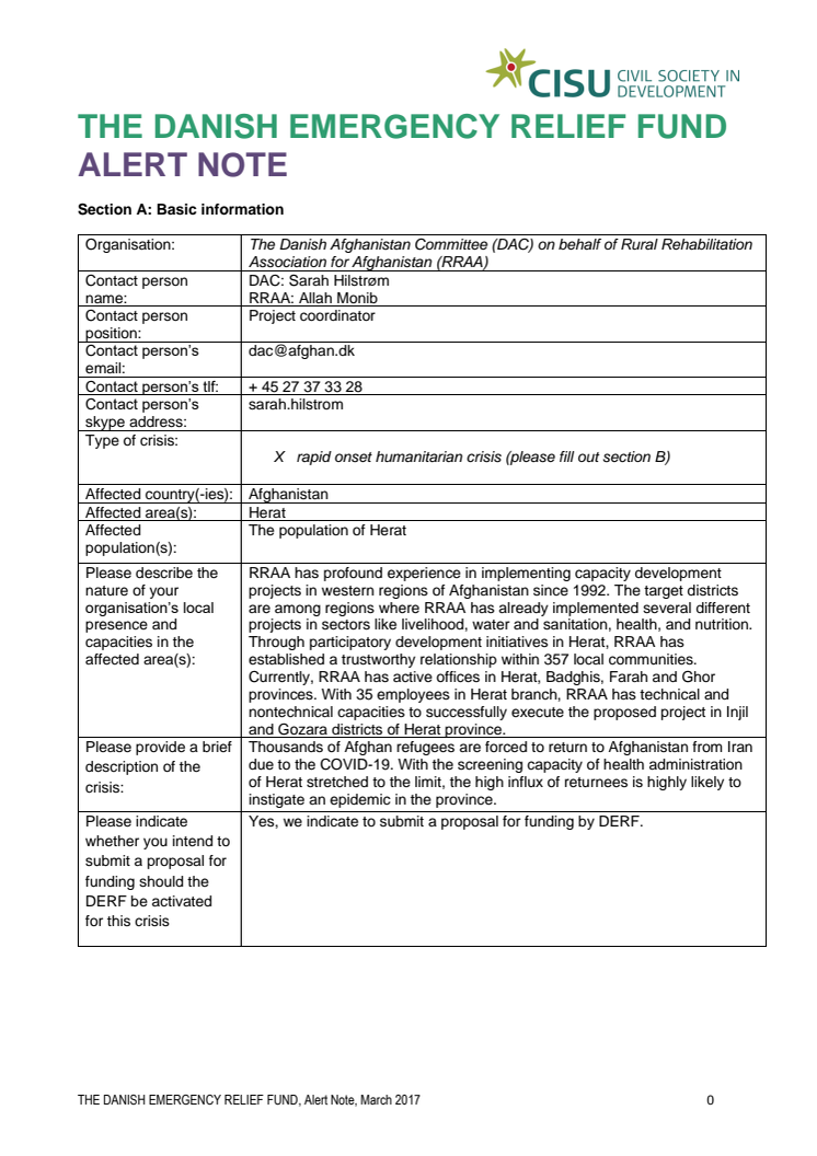 20-006-RO DERF Alert Note - COVID19 Herat Afghanistan and Occupied Palestinian Territories