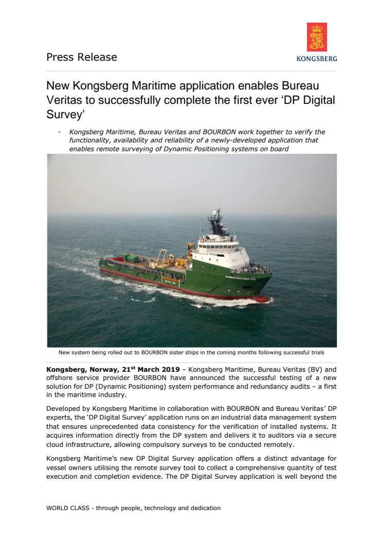 New Kongsberg Maritime application enables Bureau Veritas to successfully complete the first ever ‘DP Digital Survey’ 
