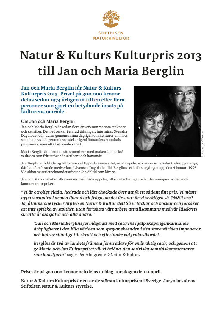Natur & Kulturs Kulturpris 2013 till Jan och Maria Berglin