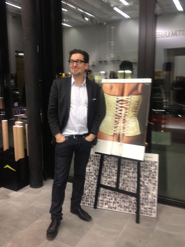 OPEN's David Gray stands beside the Iggesund calendar during the Black Box event in #Stockholm #bbstklm