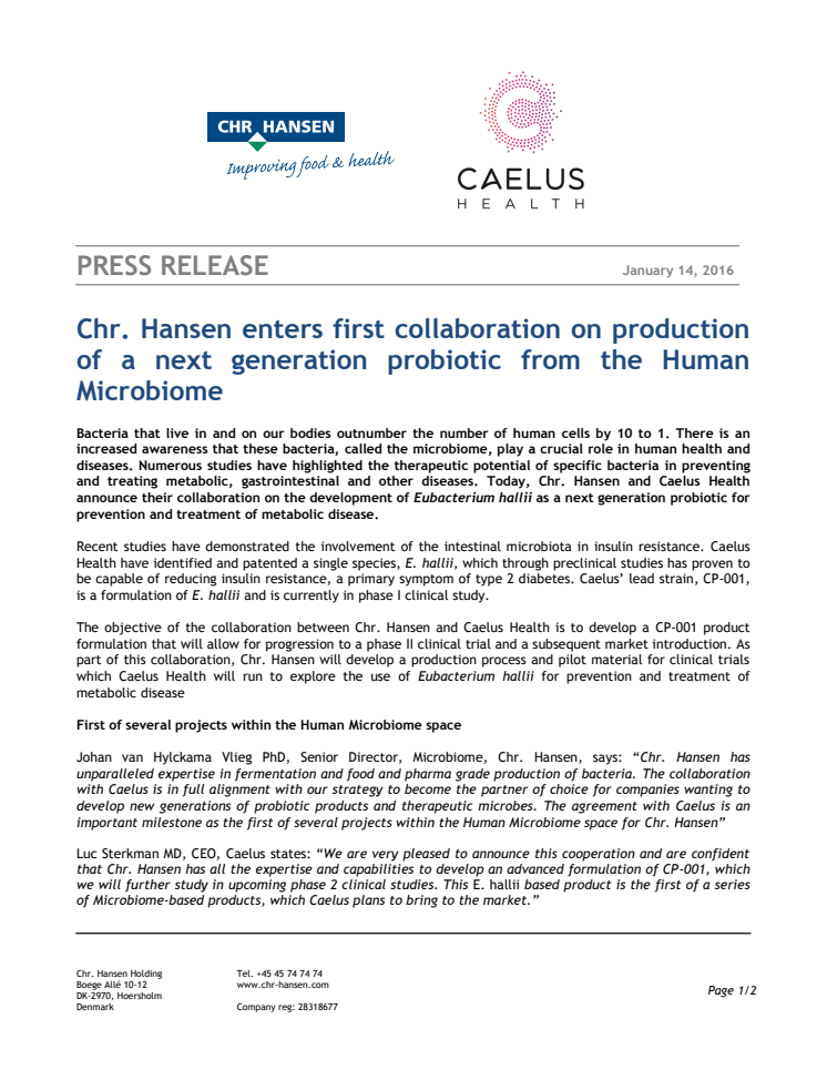 Chr. Hansen enters first collaboration on production of a next generation probiotic from the Human Microbiome