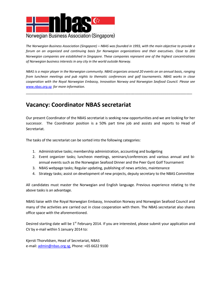 Vacancy: Coordinator NBAS secretariat