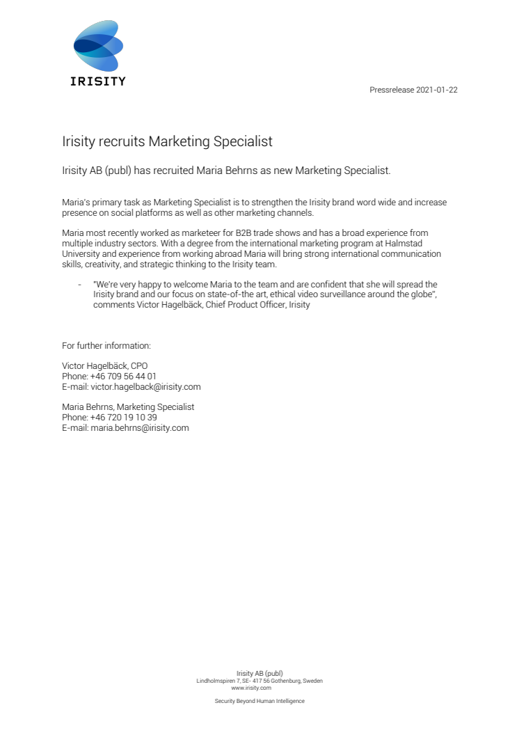 Irisity recruits Marketing Specialist