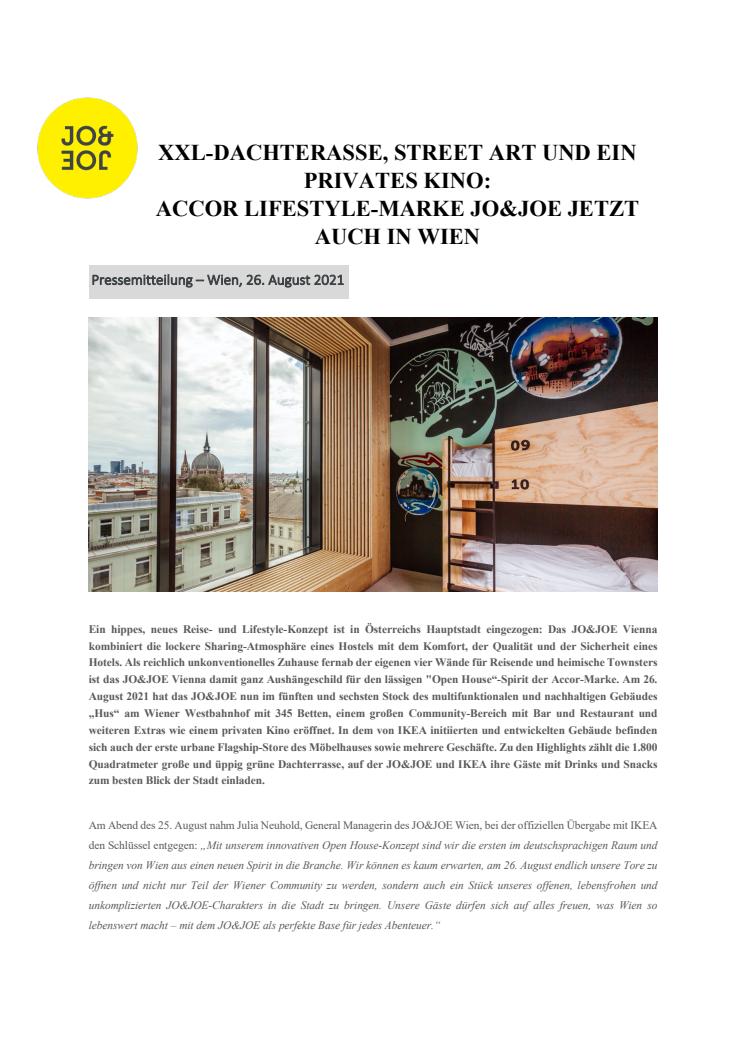 XXL-Dachterasse, Streetart und ein privates Kino: Accor Lifestyle-Marke JO&JOE jetzt auch in Wien