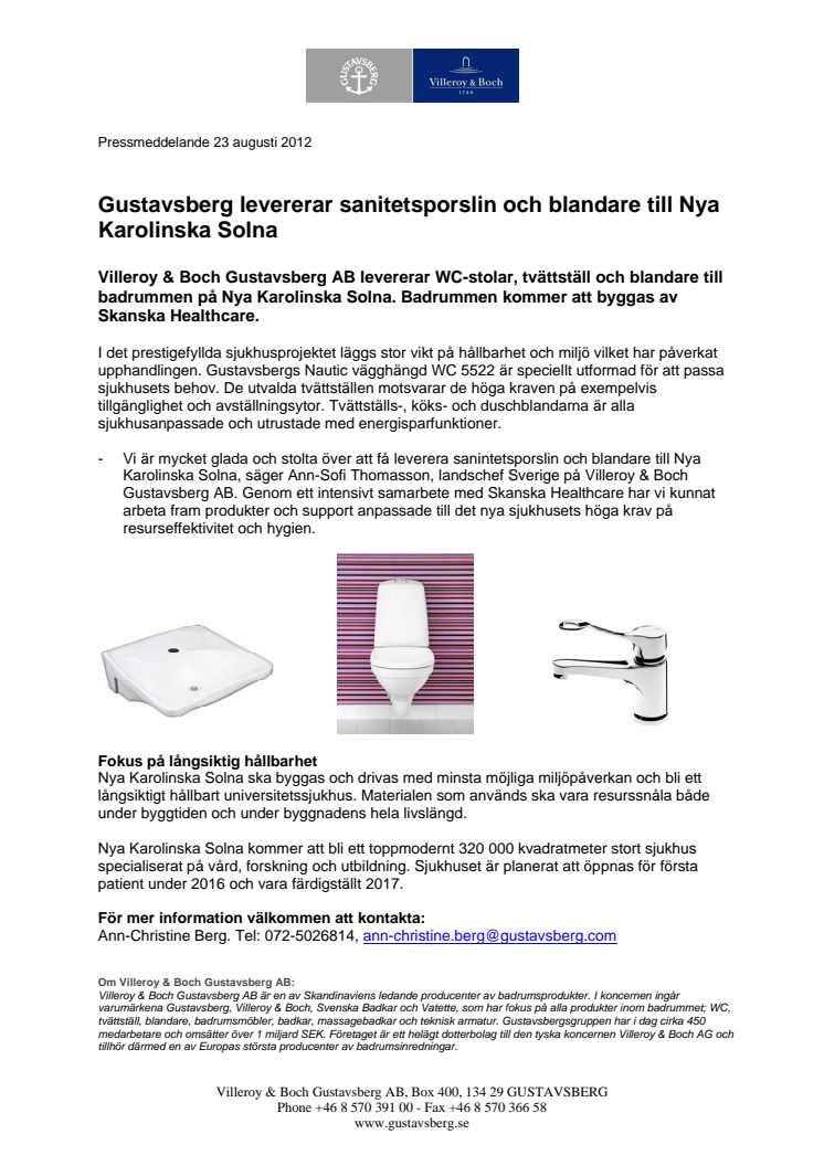 Gustavsberg levererar sanitetsporslin och blandare till Nya Karolinska Solna 