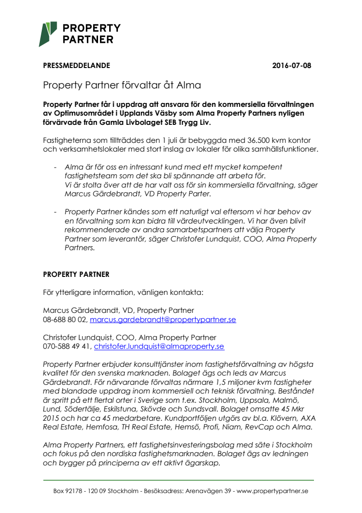 Property Partner förvaltar åt Alma