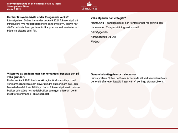 Vecka 9 Uppföljningen av Länsstyrelsen Skånes pandemitillsyn