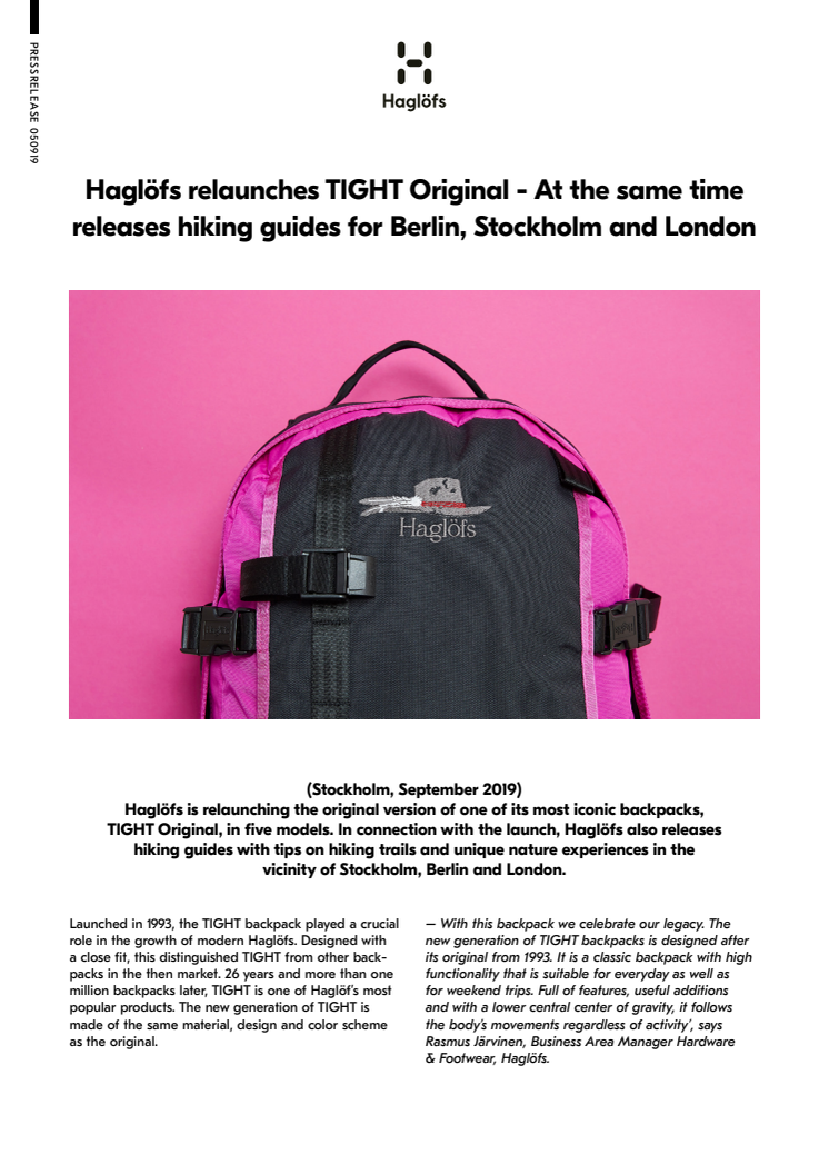 HAGLÖFS RELAUNCHES TIGHT ORIGINAL - AT THE SAME TIME RELEASES HIKING GUIDES FOR BERLIN, STOCKHOLM, LONDON