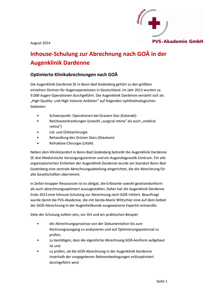 Inhouse-Schulung zur Abrechnung nach GOÄ in der Augenklinik Dardenne