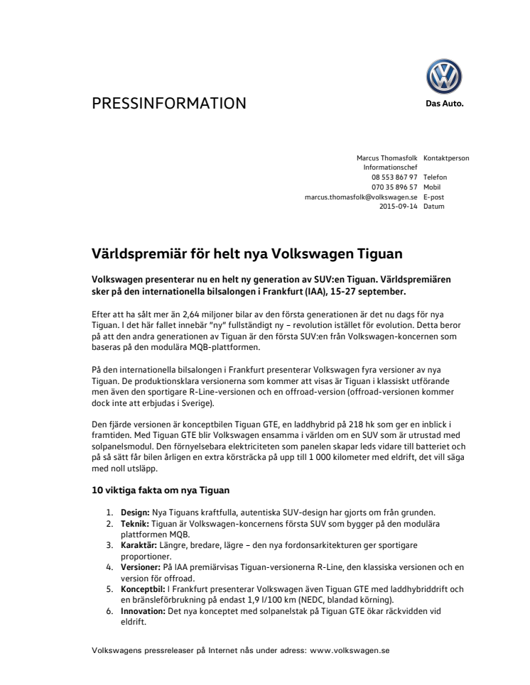 Världspremiär för helt nya Volkswagen Tiguan