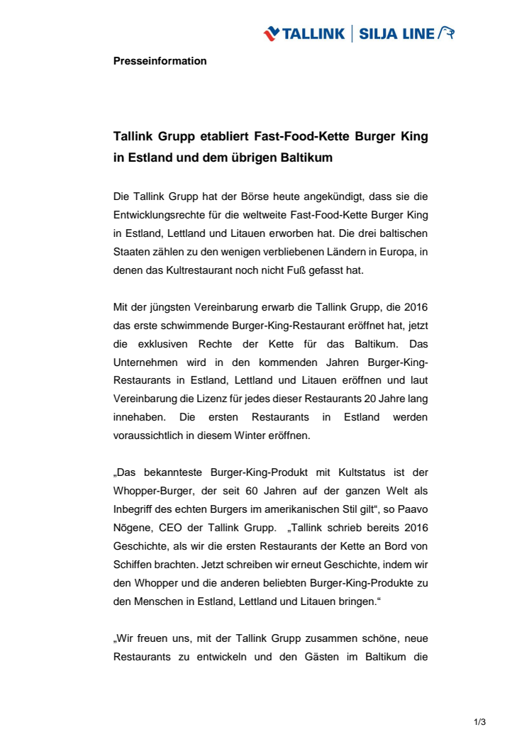 Tallink Grupp etabliert Fast-Food-Kette Burger King in Estland und dem übrigen Baltikum