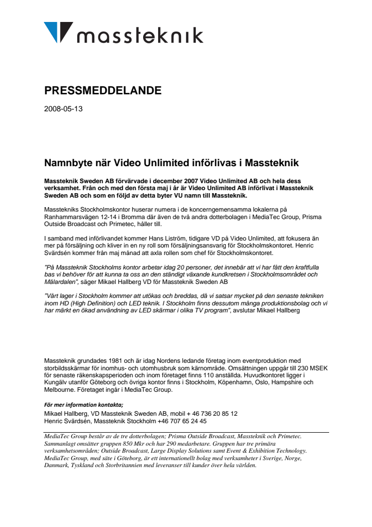 Namnbyte när Video Unlimited införlivas i Massteknik