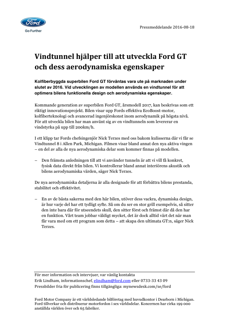 Vindtunnel hjälper till att utveckla Ford GT och dess aerodynamiska egenskaper 
