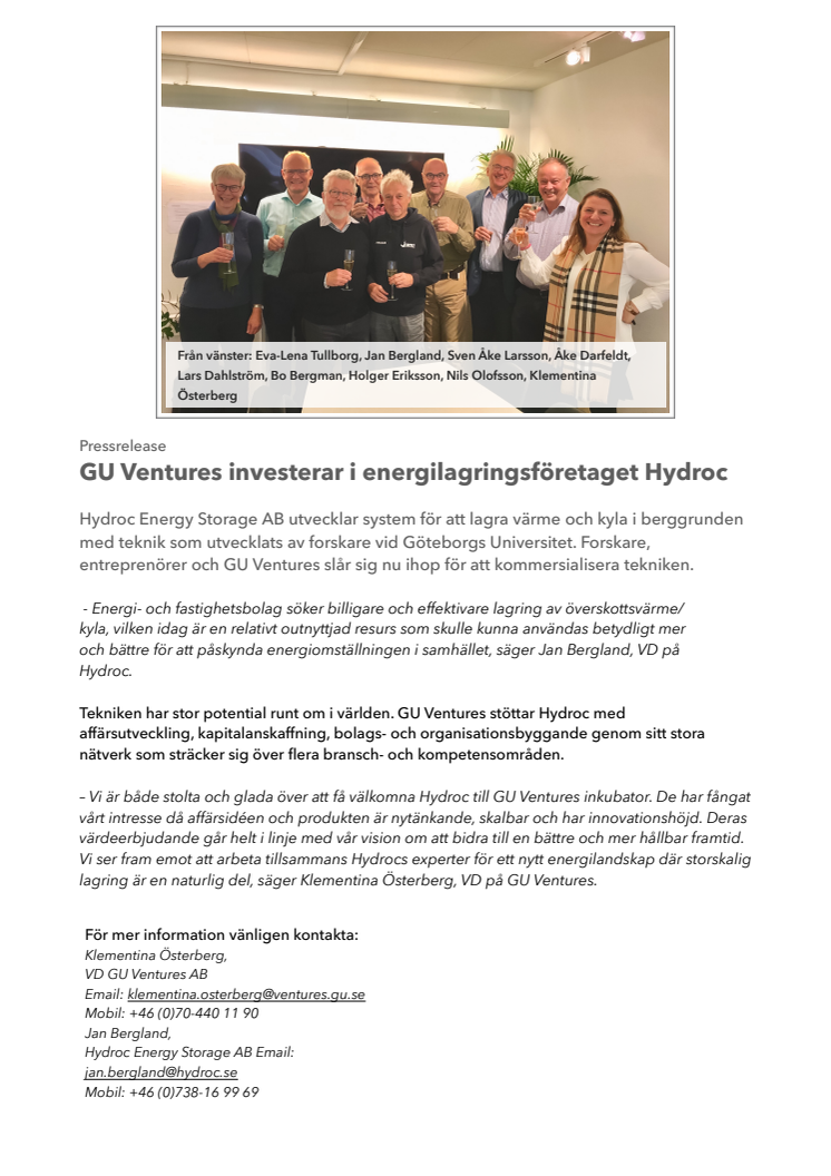 GU Ventures investerar i energilagringsföretaget Hydroc