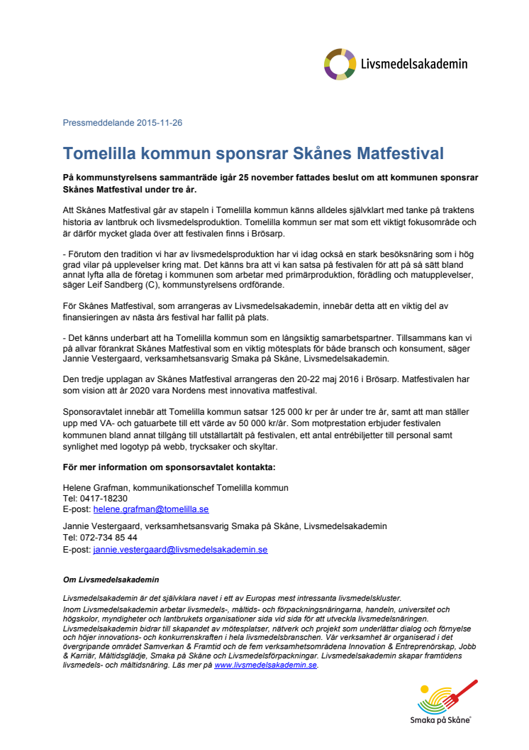 ​Tomelilla kommun sponsrar Skånes Matfestival
