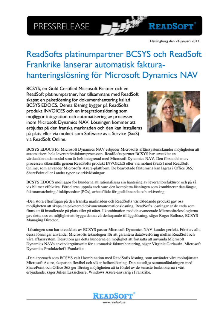 ReadSofts platinumpartner BCSYS och ReadSoft Frankrike lanserar automatisk fakturahanteringslösning för Microsoft Dynamics NAV