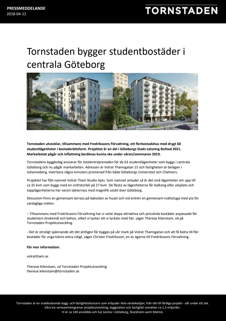 Tornstaden bygger studentbostäder i centrala Göteborg