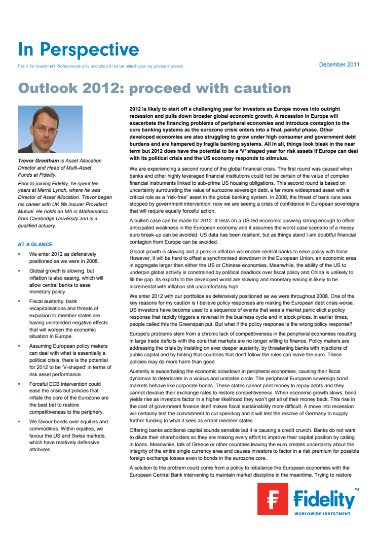 Trevor Greetham´s Market Outlook 2012: Proceed with caution