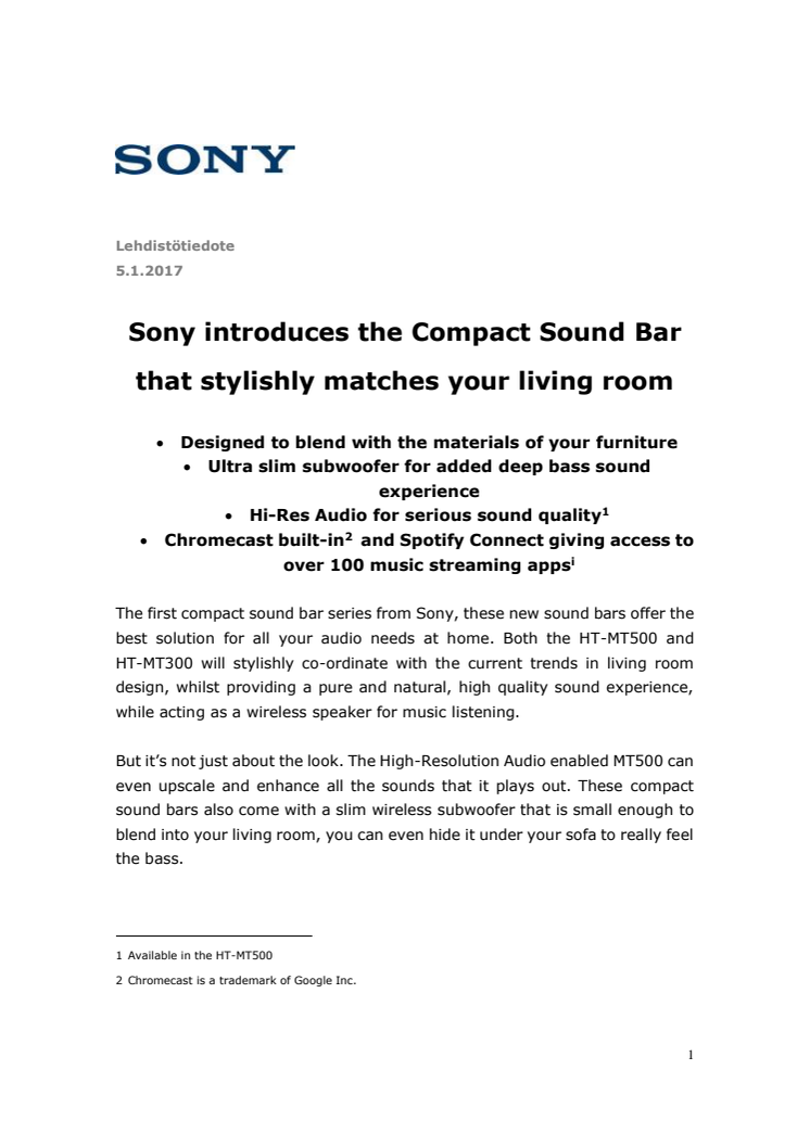 Sony esittelee olohuoneeseen tyylikkäästi istuvan kompaktin Soundbarin