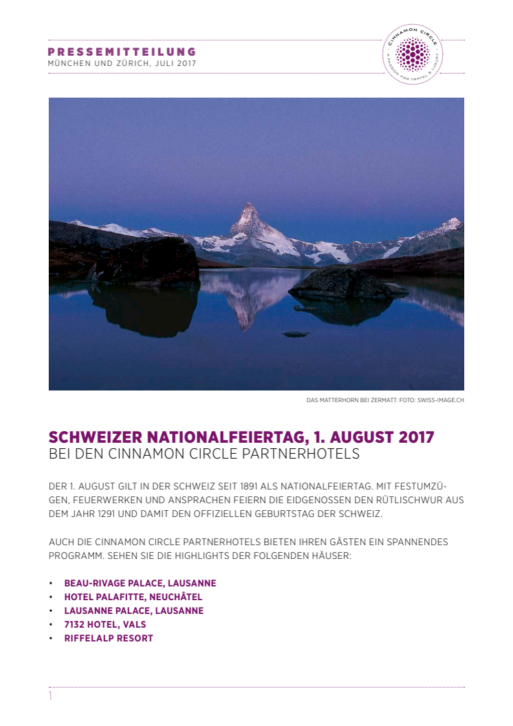 Schweizer Nationalfeiertag, 1. August 2017 bei den Cinnamon Circle Partnerhotels