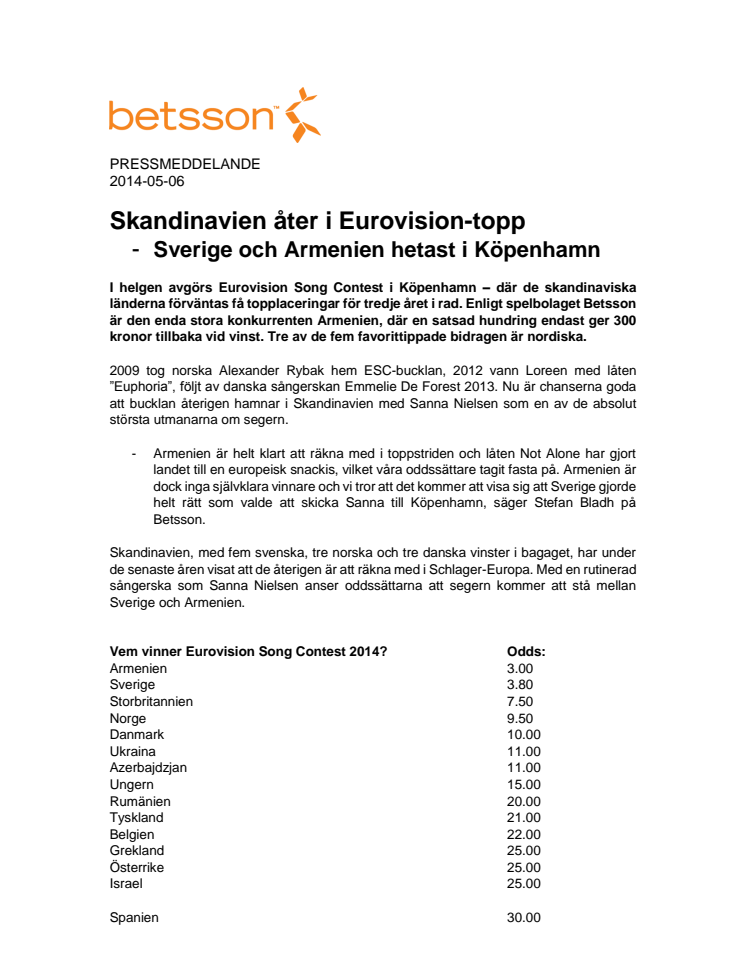 Skandinavien åter i Eurovision-topp - Sverige och Armenien hetast i Köpenhamn