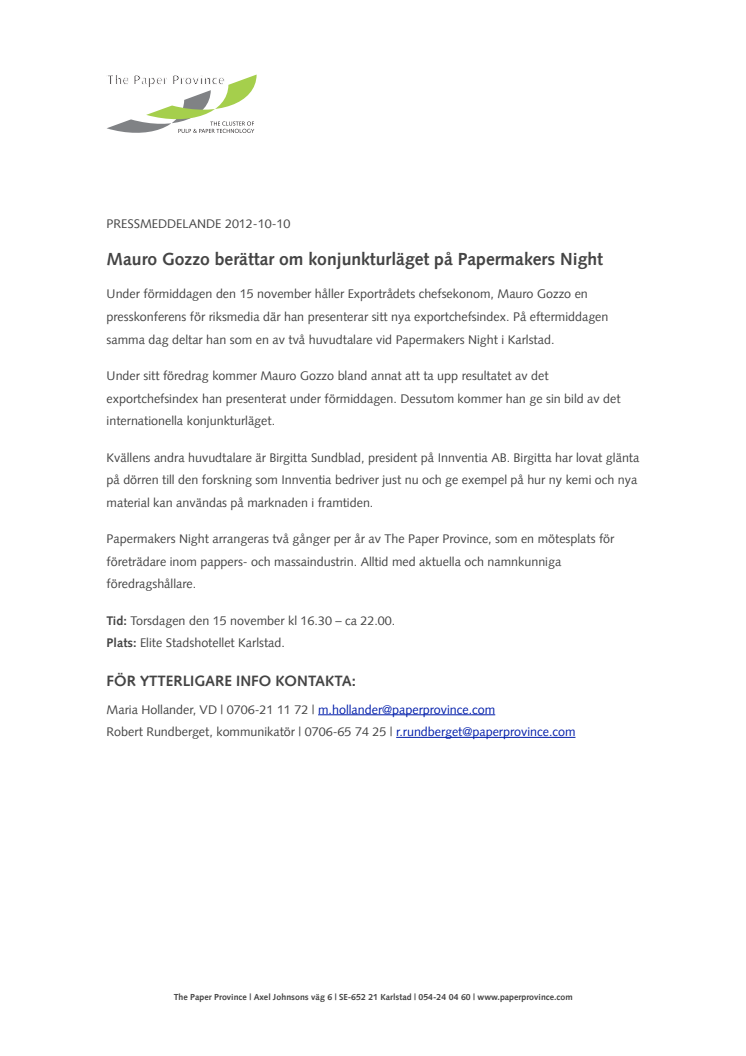 Mauro Gozzo berättar om konjunkturläget på Papermakers Night