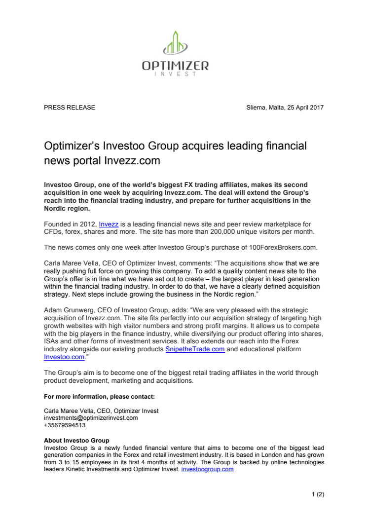 Optimizer’s Investoo Group acquires leading financial news portal Invezz.com