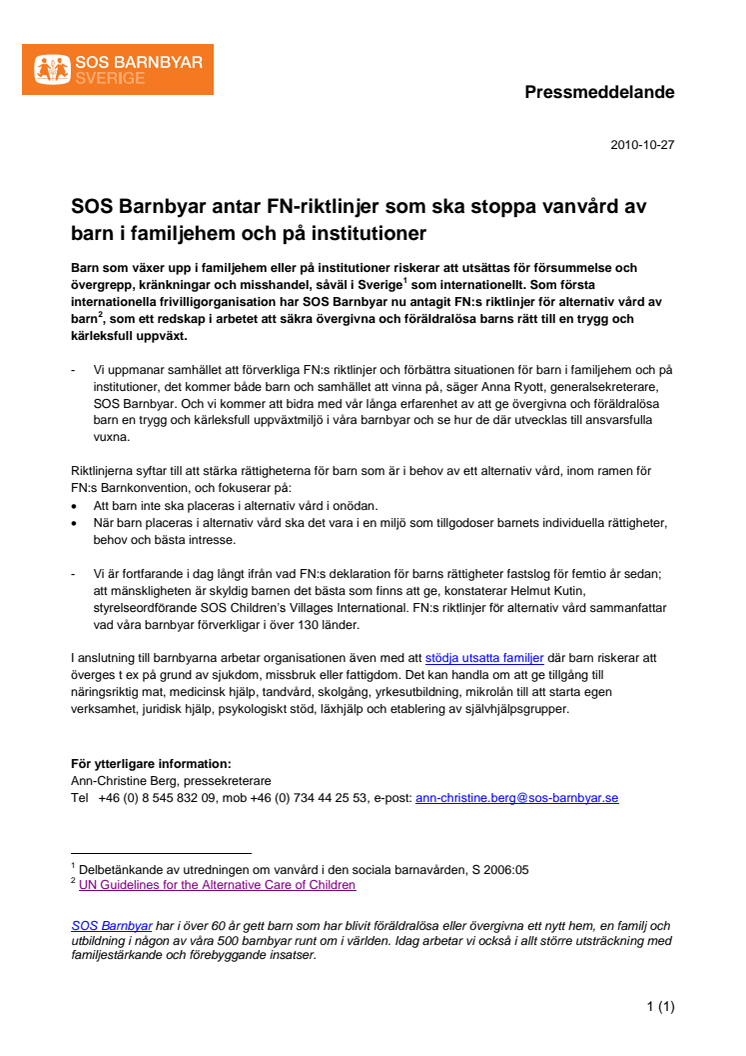 SOS Barnbyar antar FN-riktlinjer som ska stoppa vanvård av barn i familjehem och på institutioner
