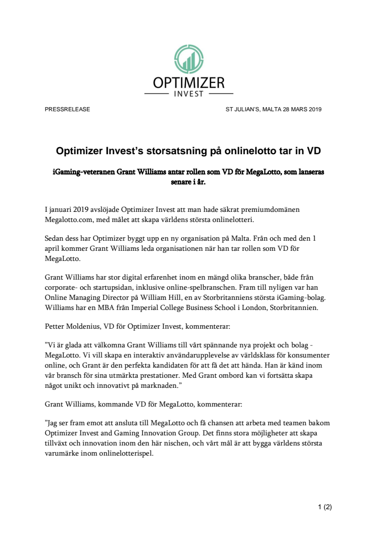 Optimizer Invest’s storsatsning på onlinelotto tar in VD