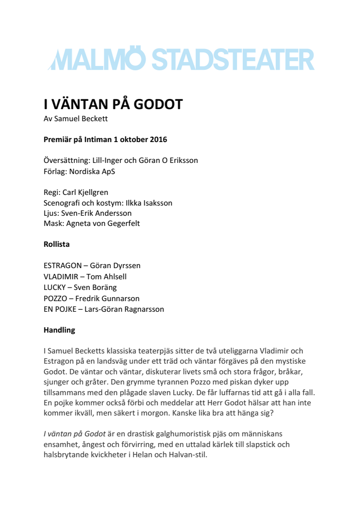 I VÄNTAN PÅ GODOT – premiär för Samuel Becketts klassiker på Intiman