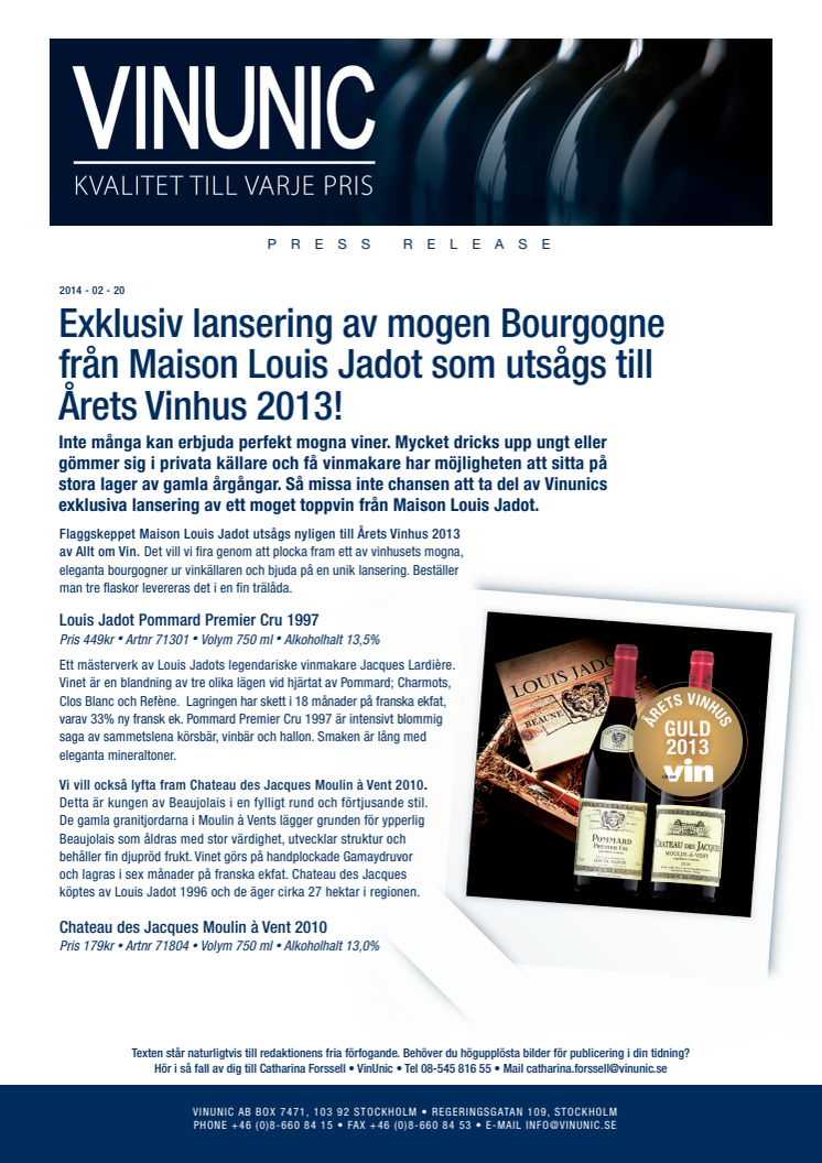 Exklusiv lansering av mogen Bourgogne från Maison Louis Jadot som utsågs till Årets Vinhus 2013!