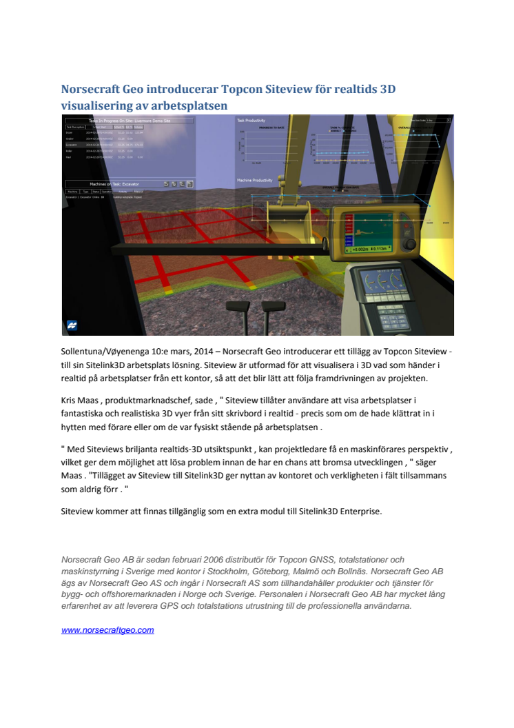 Norsecraft Geo introducerar Topcon Siteview - 3D visualisering i realtid