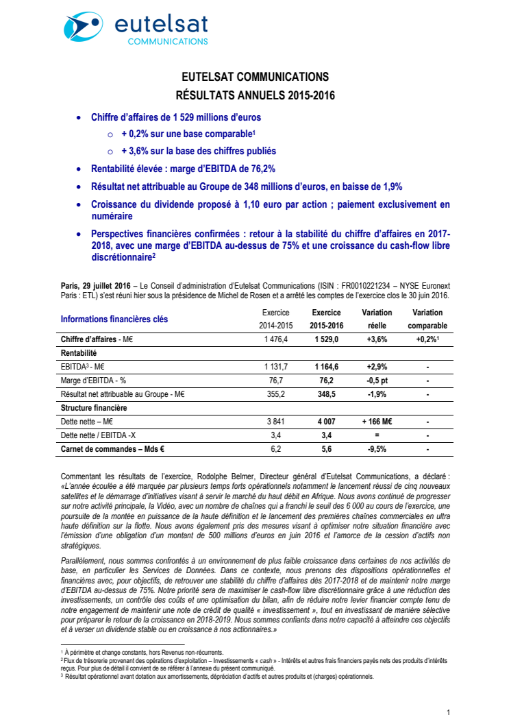 EUTELSAT COMMUNICATIONS RÉSULTATS ANNUELS 2015-2016 