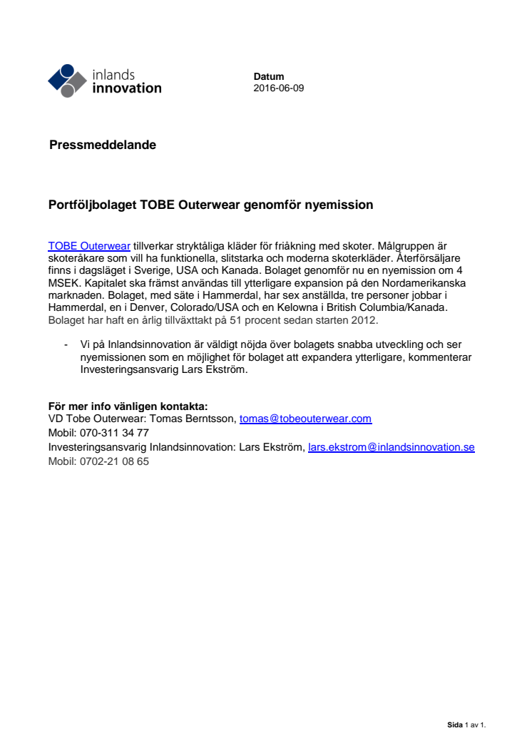 Portföljbolaget TOBE Outerwear genomför nyemission
