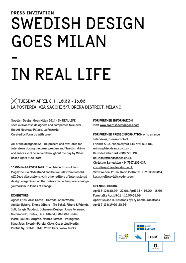 Press invitation: Swedish Design Goes Milan - IN REAL LIFE
