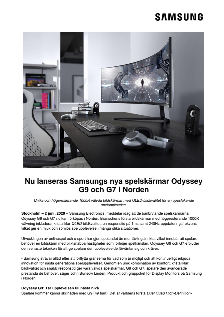 Nu lanseras Samsungs nya spelskärmar Odyssey G9 och G7 i Norden