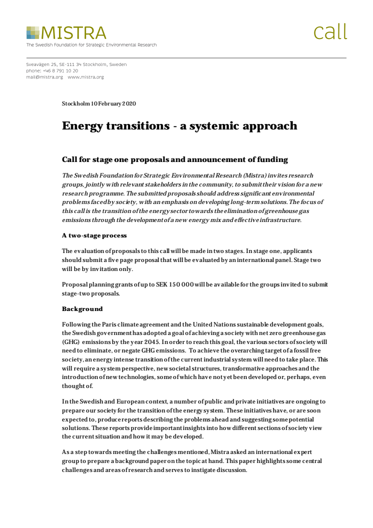Call for research proposals - 50 MSEK to research on energy transitions