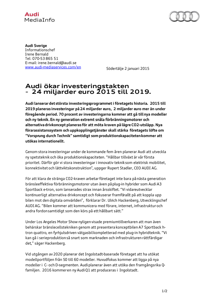 Audi ökar investeringstakten - 24 miljarder euro 2015 till 2019