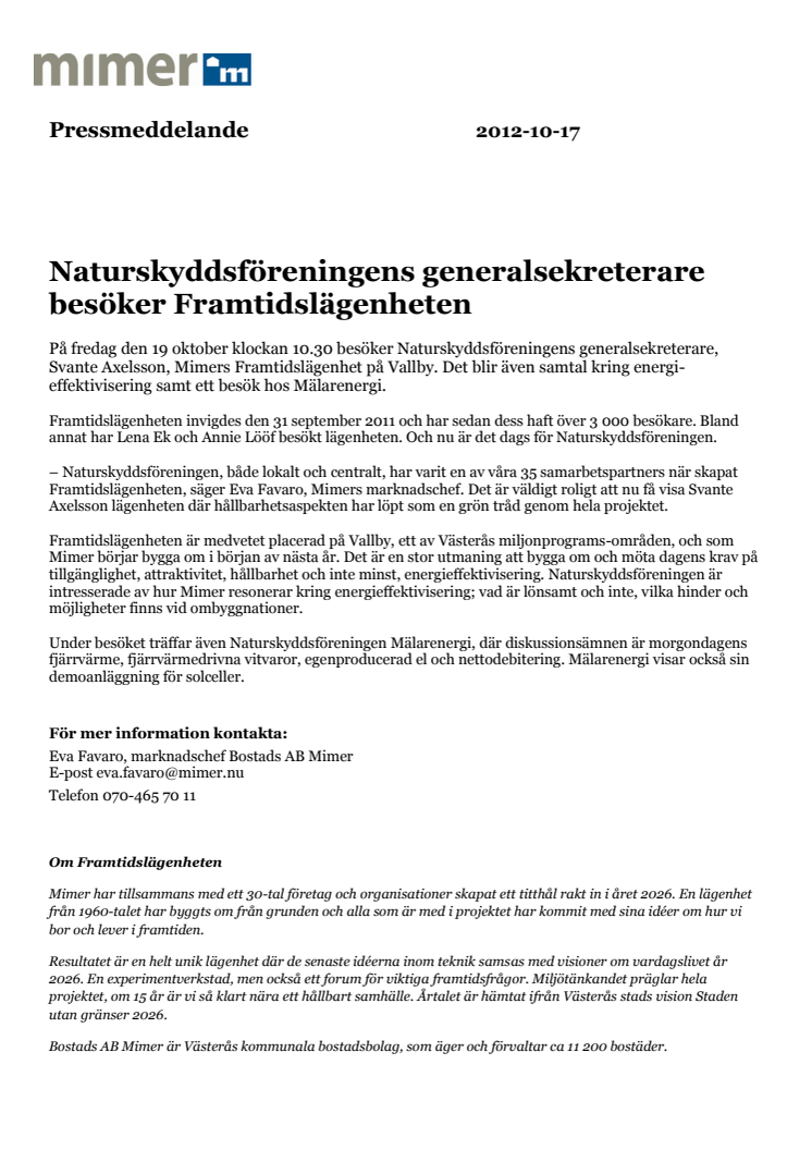 Naturskyddsföreningens generalsekreterare besöker Framtidslägenheten