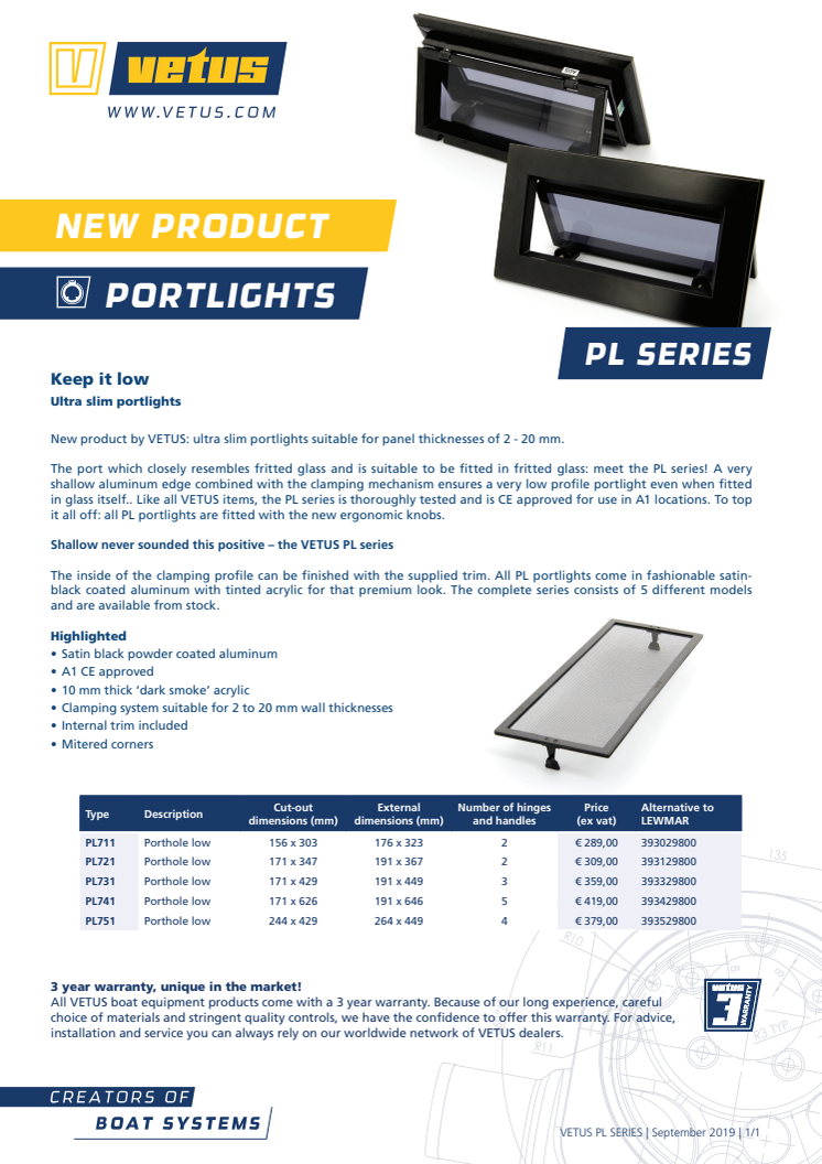VETUS PL series portlights - Information Sheet