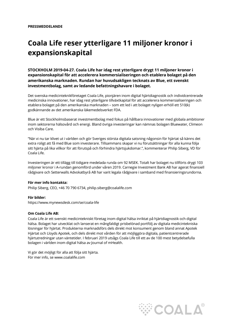 Coala Life reser ytterligare 11 miljoner kronor i expansionskapital
