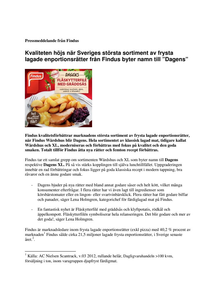 Kvaliteten höjs när Sveriges största sortiment av frysta lagade enportionsrätter från Findus byter namn till ”Dagens” 