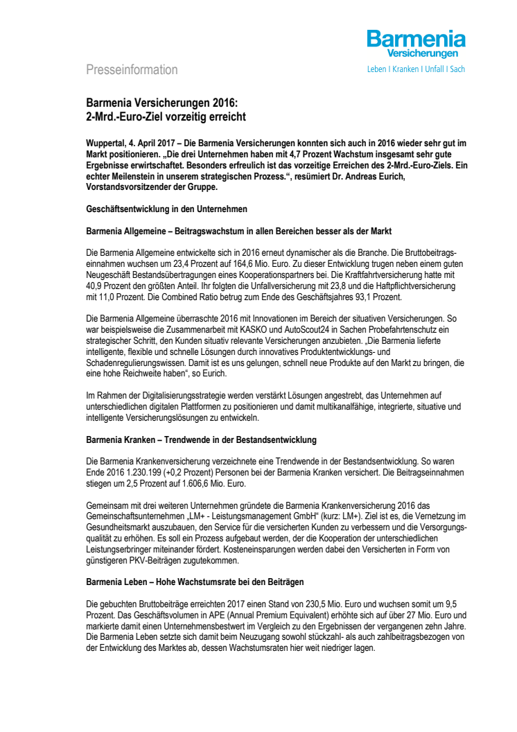 Barmenia Versicherungen 2016:  2-Mrd.-Euro-Ziel vorzeitig erreicht