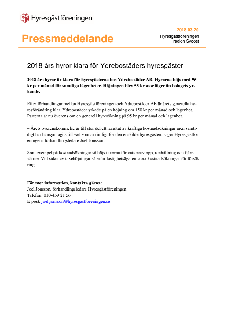 2018 års hyror klara för Ydrebostäders hyresgäster