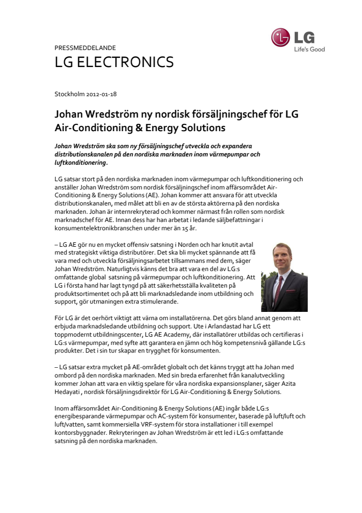 Johan Wredström ny nordisk försäljningschef för LG Air-Conditioning & Energy Solutions 