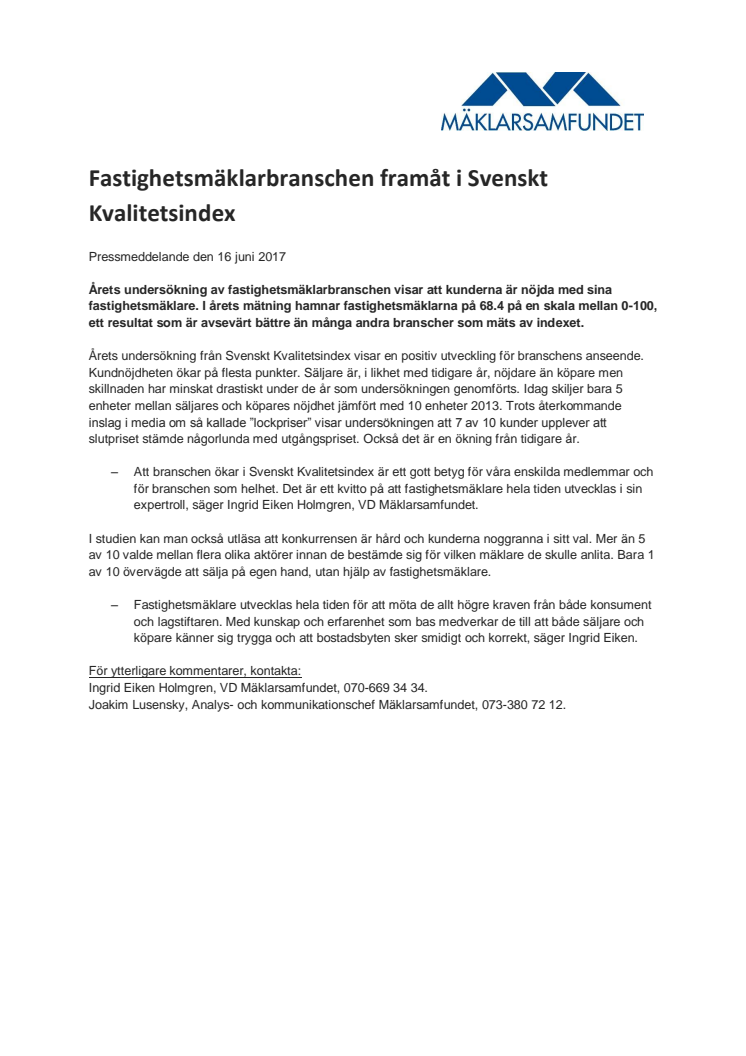 Fastighetsmäklarbranschen framåt i Svenskt Kvalitetsindex