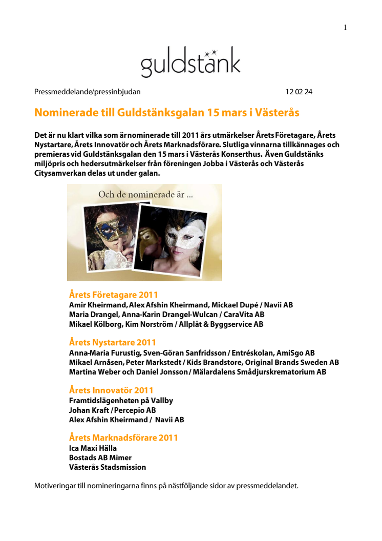 Nominerade till Guldstänksgalan 15 mars i Västerås