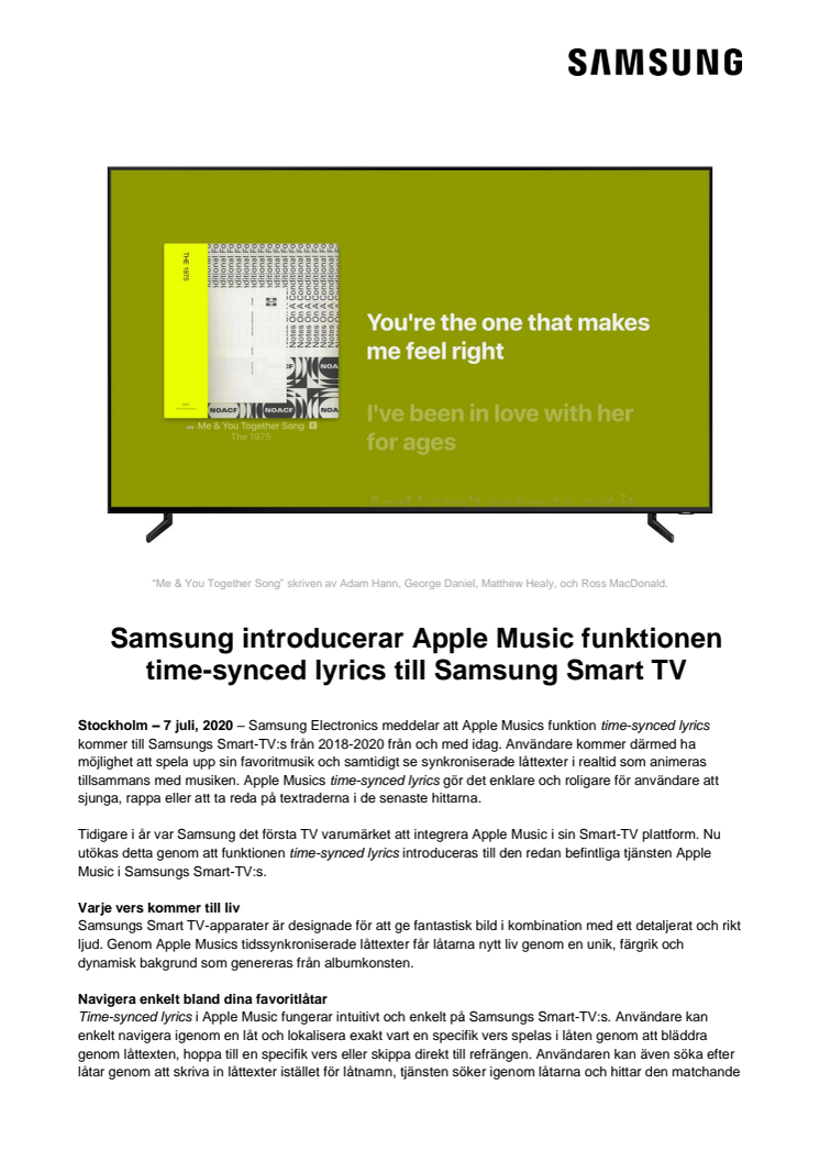 Samsung introducerar Apple Music funktionen time-synced lyrics till Samsung Smart TV