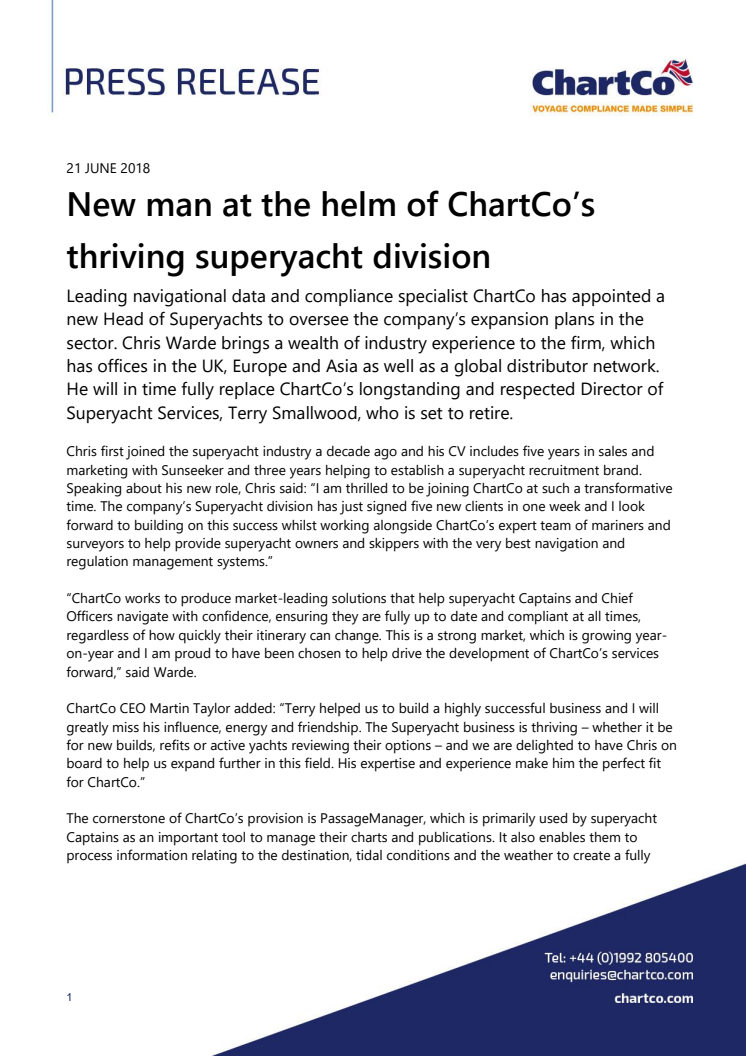 ChartCo - New man at the helm of ChartCo’s thriving superyacht division