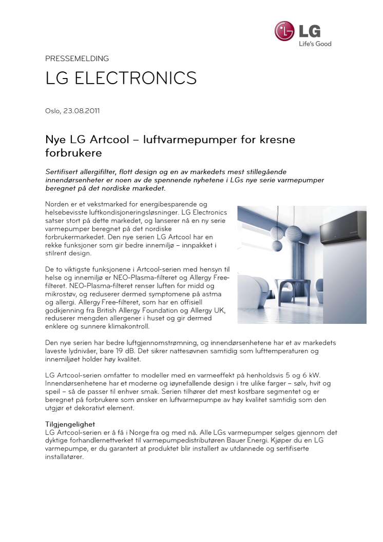 Nye LG Artcool – luftvarmepumper for kresne forbrukere